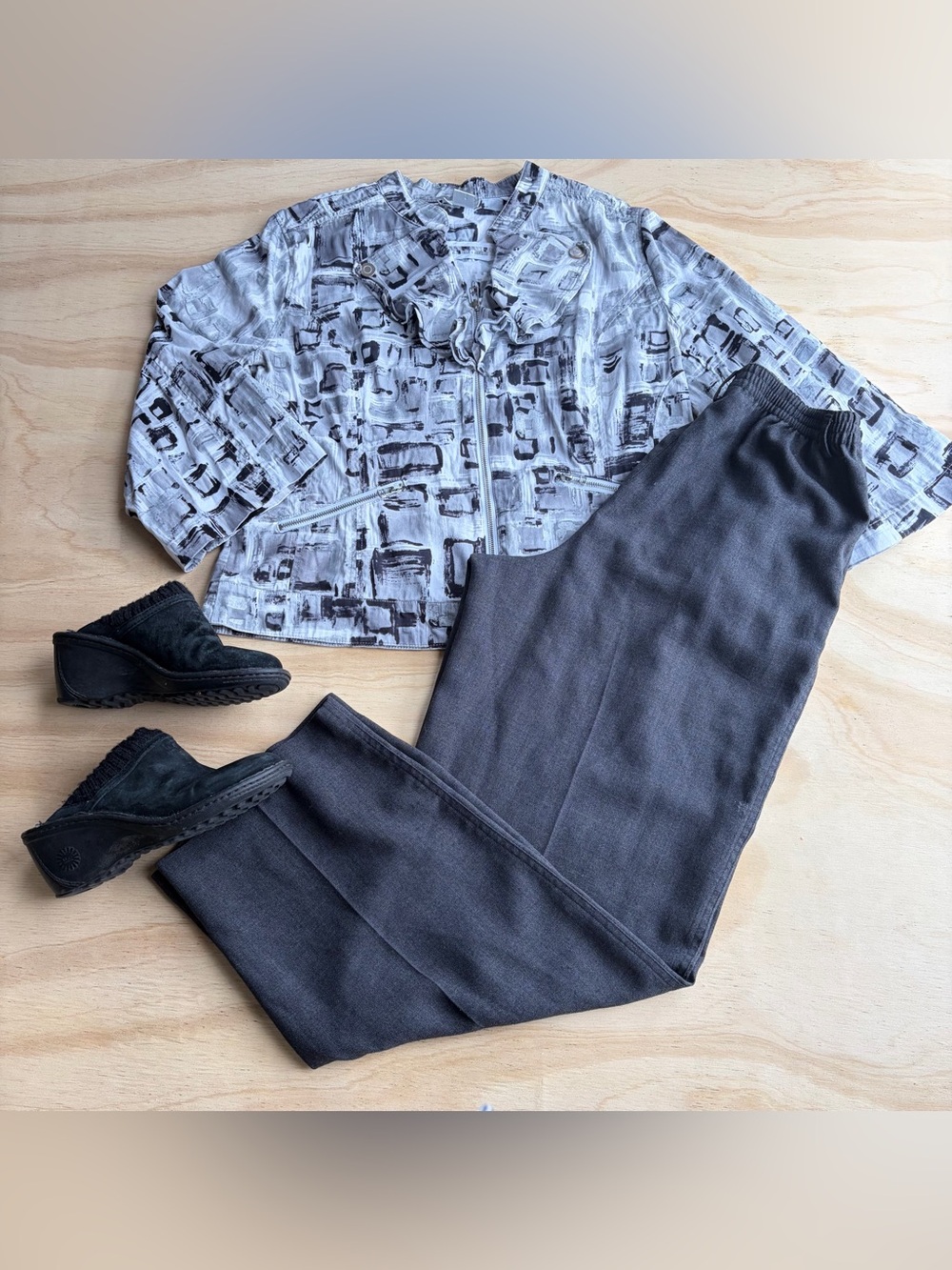 ⁠Just B Women Gray Black Abstract Print Full Zip Cotton Jacket Blazer Size Large